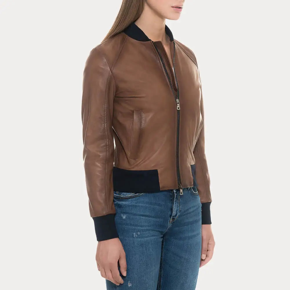 Women Sugar Brown Bomber Leather Jacket