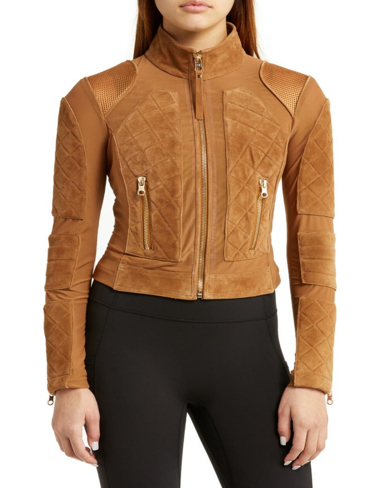 Womens Mesh Suede Leather Biker Jacket