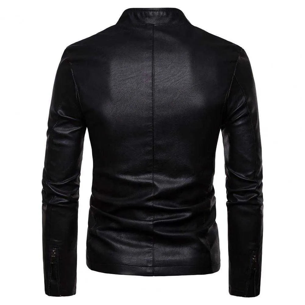 Mens Stand Collar Smooth Leather Motorcycle Jacket