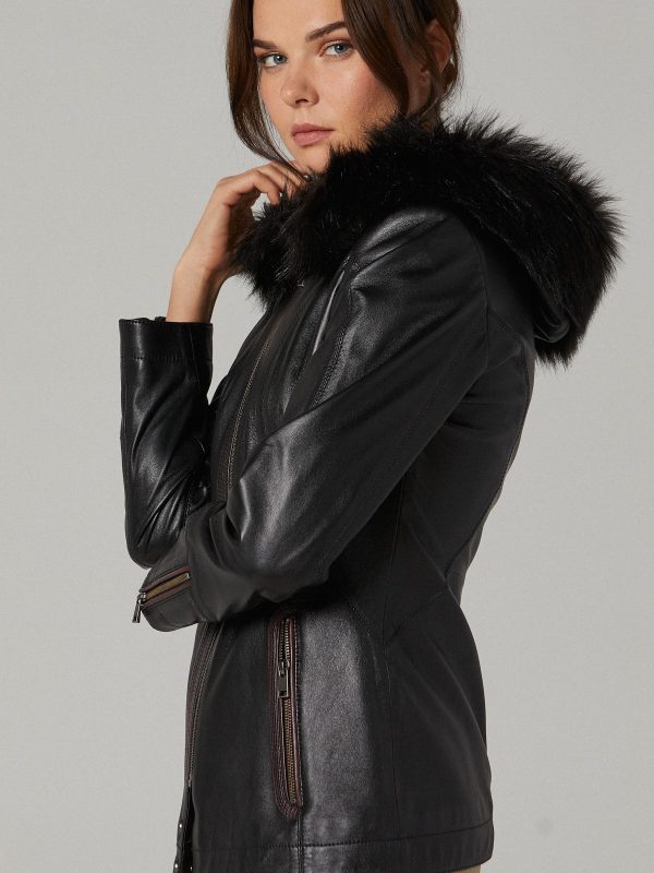 Women Black Lambskin Leather Hooded  Jacket