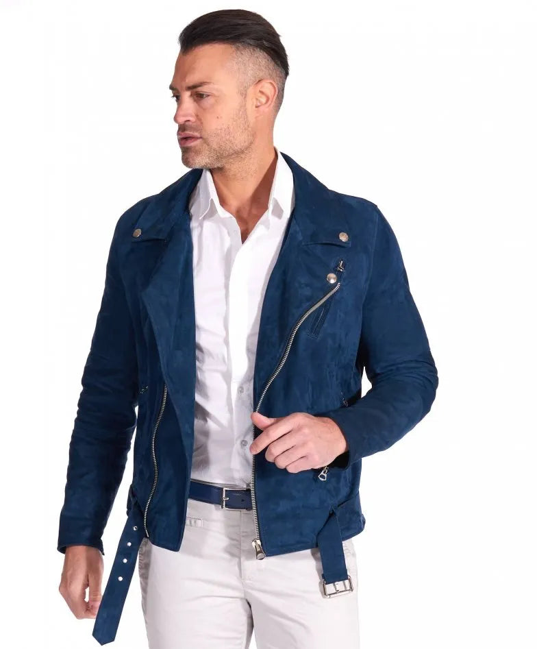 Genuine Blue Motorcycle Suede Leather Jacket for Men
