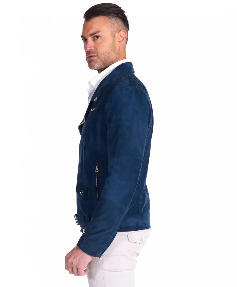 Genuine Blue Motorcycle Suede Leather Jacket for Men