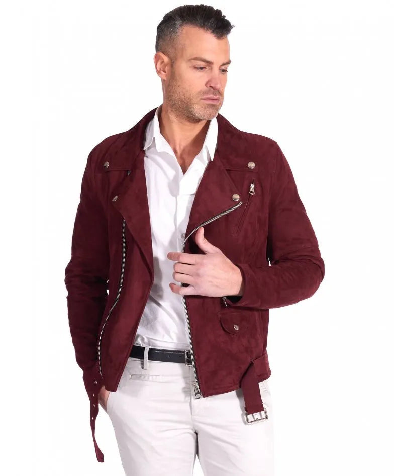 Genuine Red Suede Leather Moto Jacket for Men