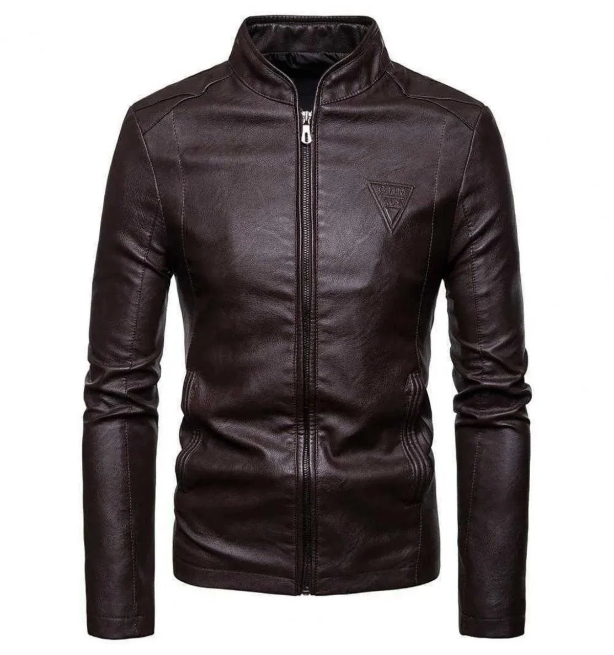 Mens Stand Collar Smooth Leather Motorcycle Jacket