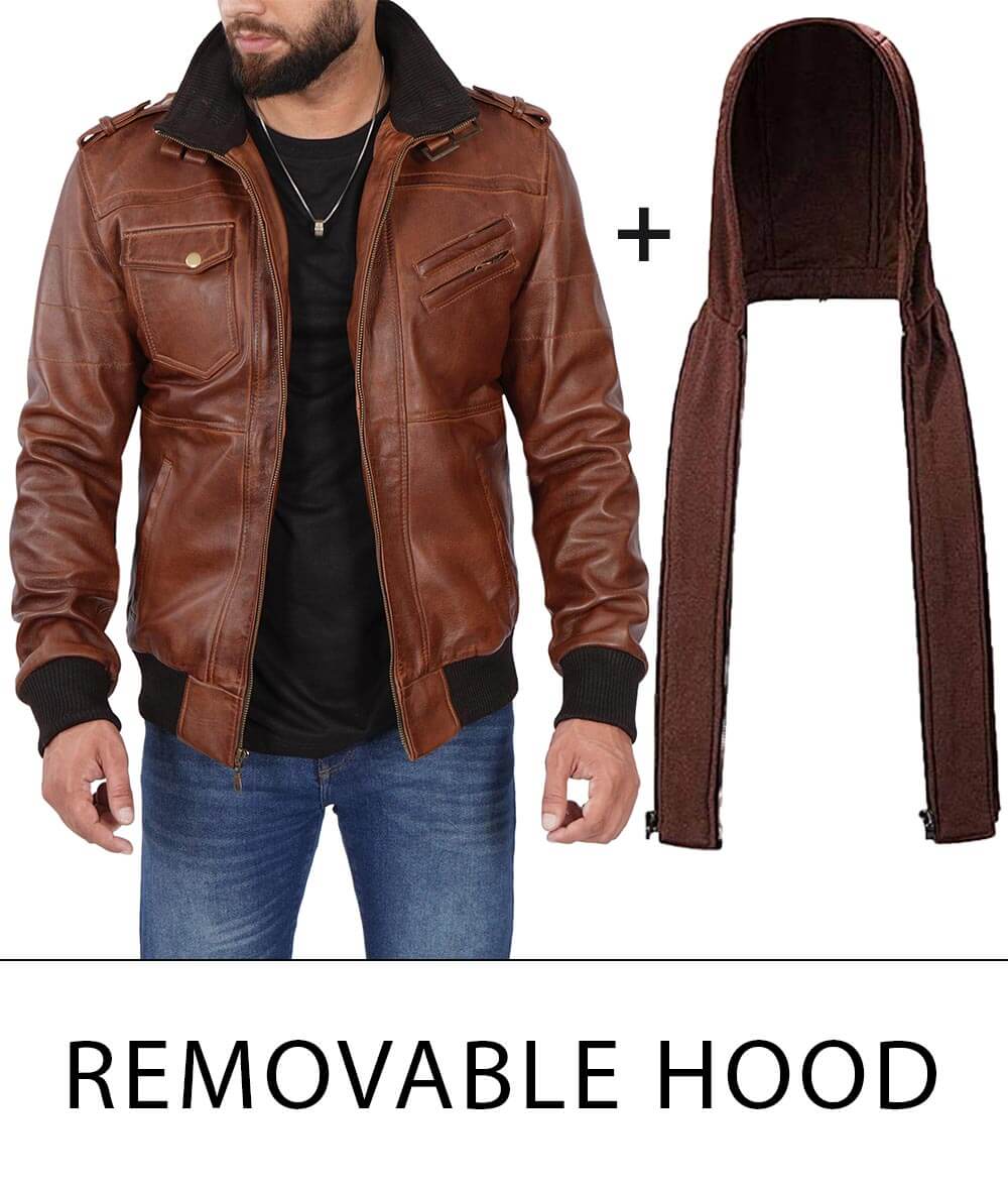 Mens Bomber Leather Removable Hood Jacket