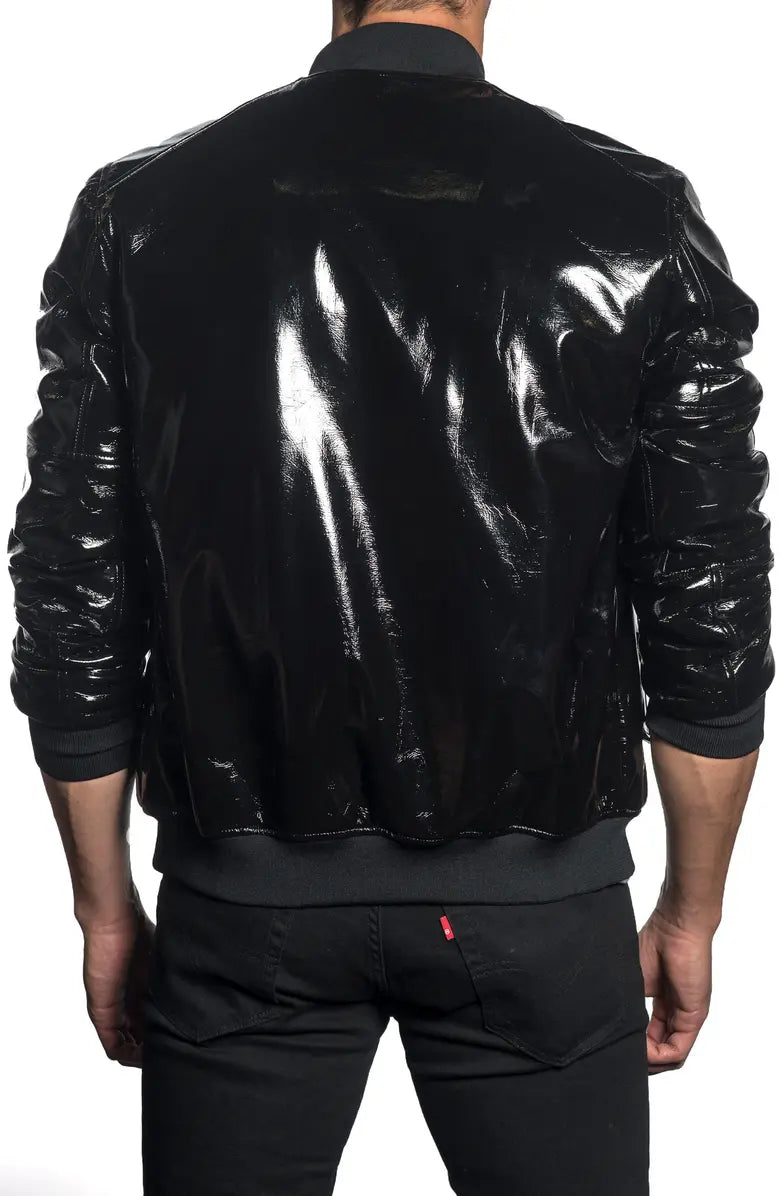 Mens shiny black faux leather bomber jacket