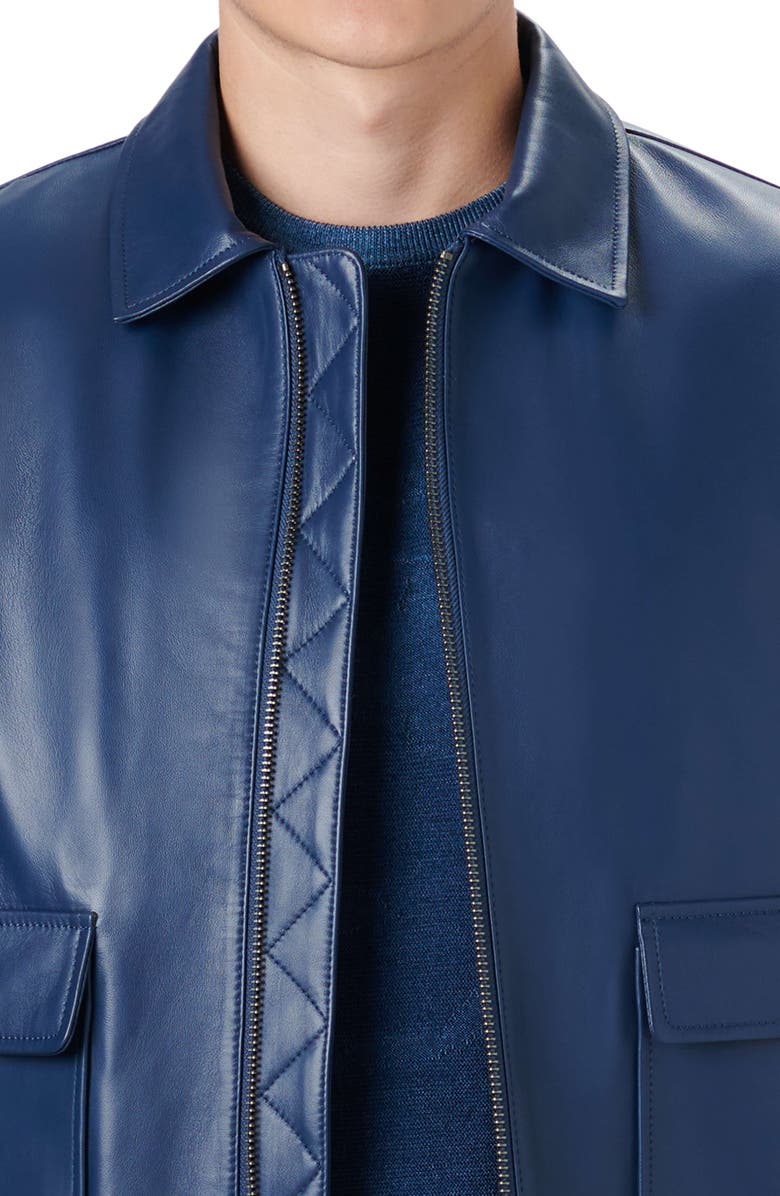 Mens Classic Blue Bomber Leather Jacket