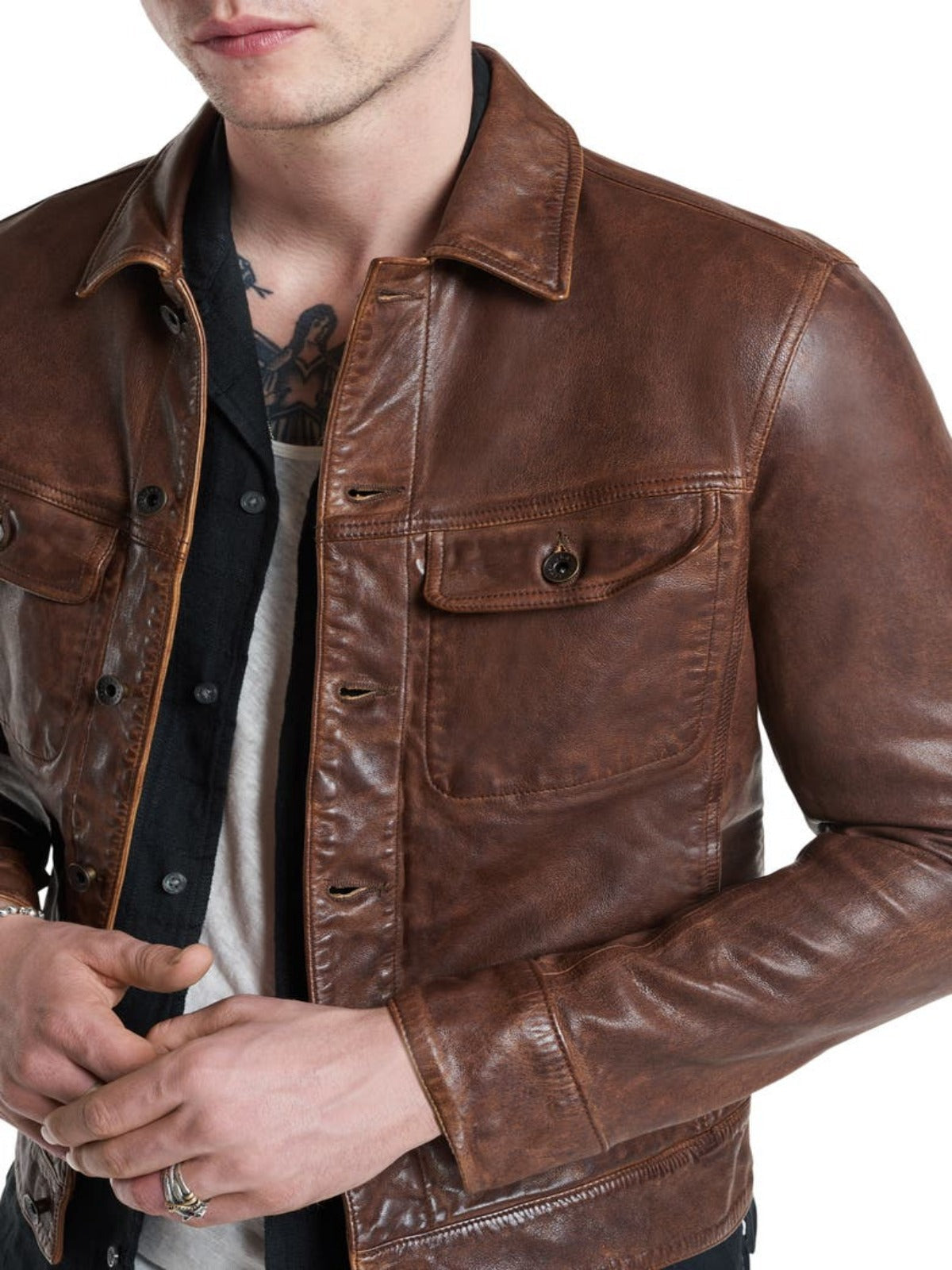 Mens Stylish Brown Trucker Leather Jacket