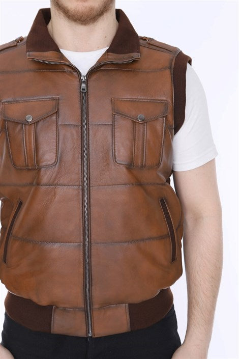 Men's Leather Vest Elastic Waist Tan Color