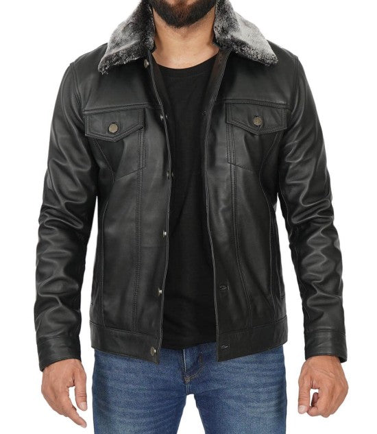 Men's Black Leather Trucker Jacket with Fur Collar
