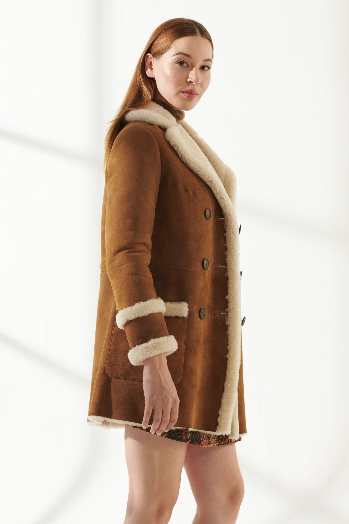 Women's Casual Tan Shearling Leather Coat