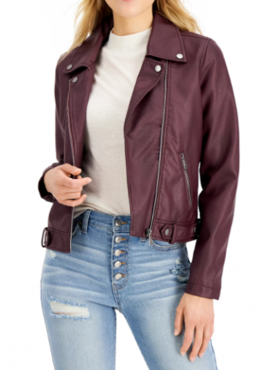 Women Magenta Zipper Biker Leather Jacket