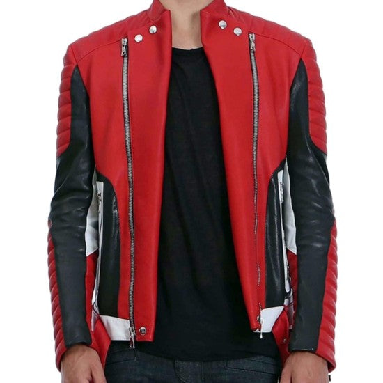 Men's Quilted Asymmetrical Belted Red Leather Biker Jacket