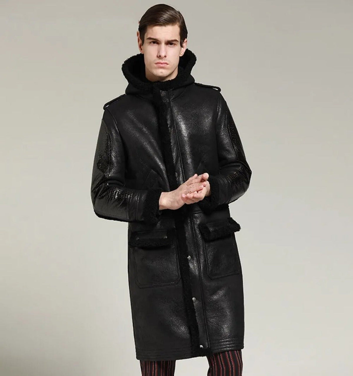 Mens Shearling Winter Leather Thick Coat