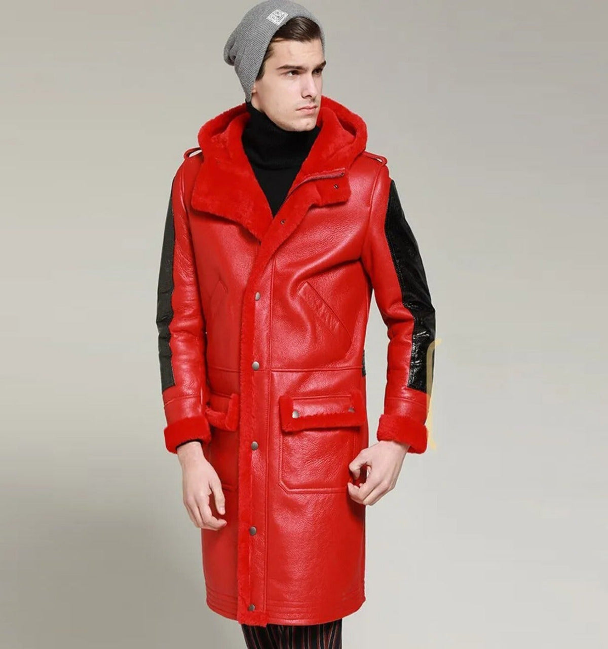 Mens Shearling Winter Leather Thick Coat