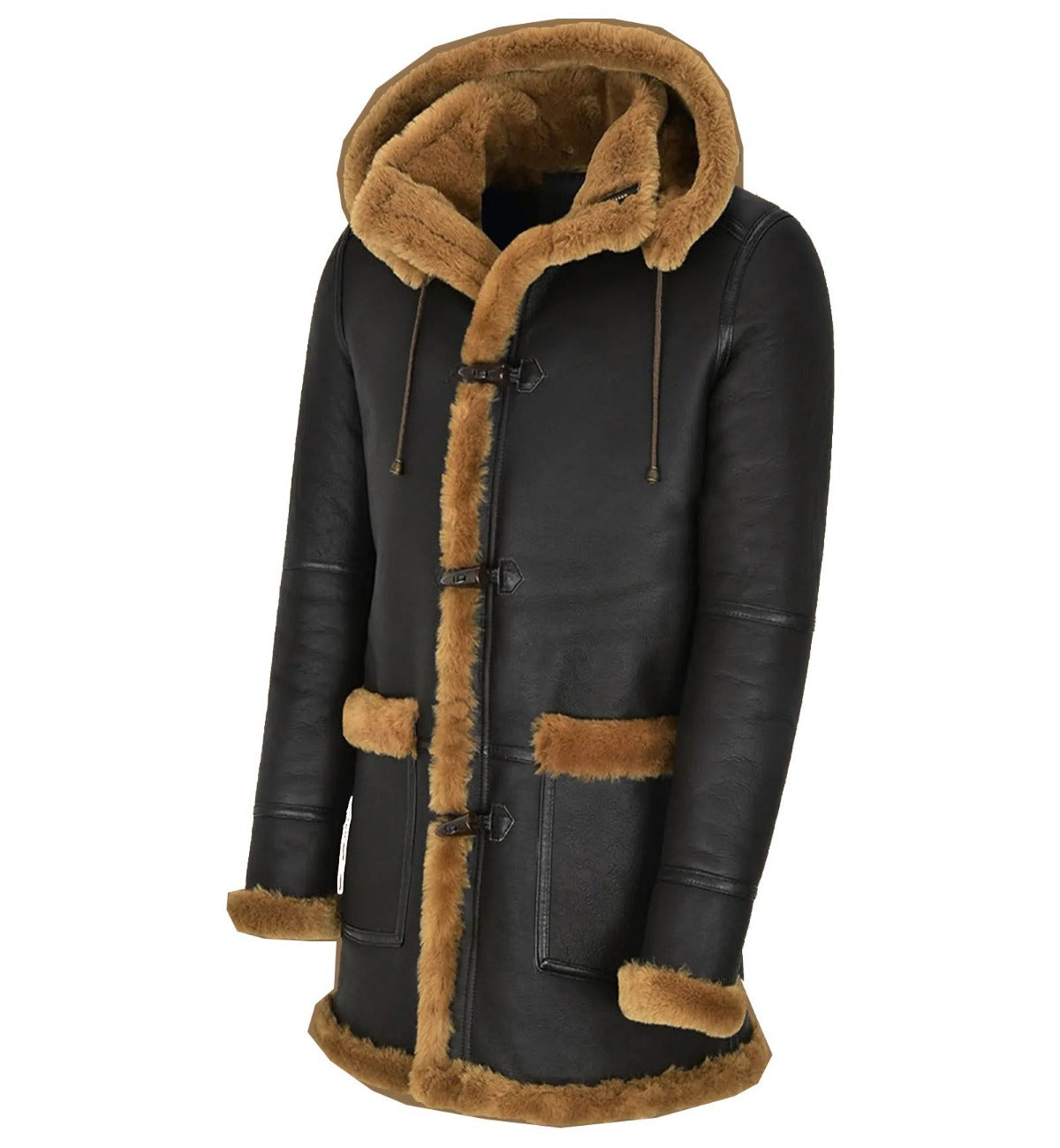 Mens Stylish Black Shearling Coat With Hood