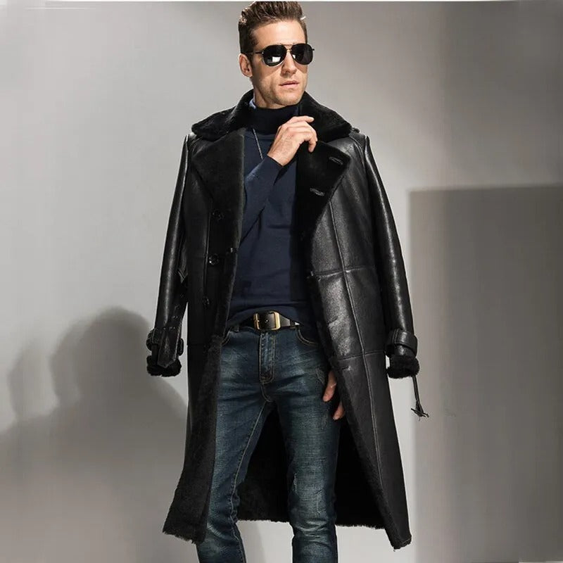 Mens Glamorous Long Black Shearling Leather Coat