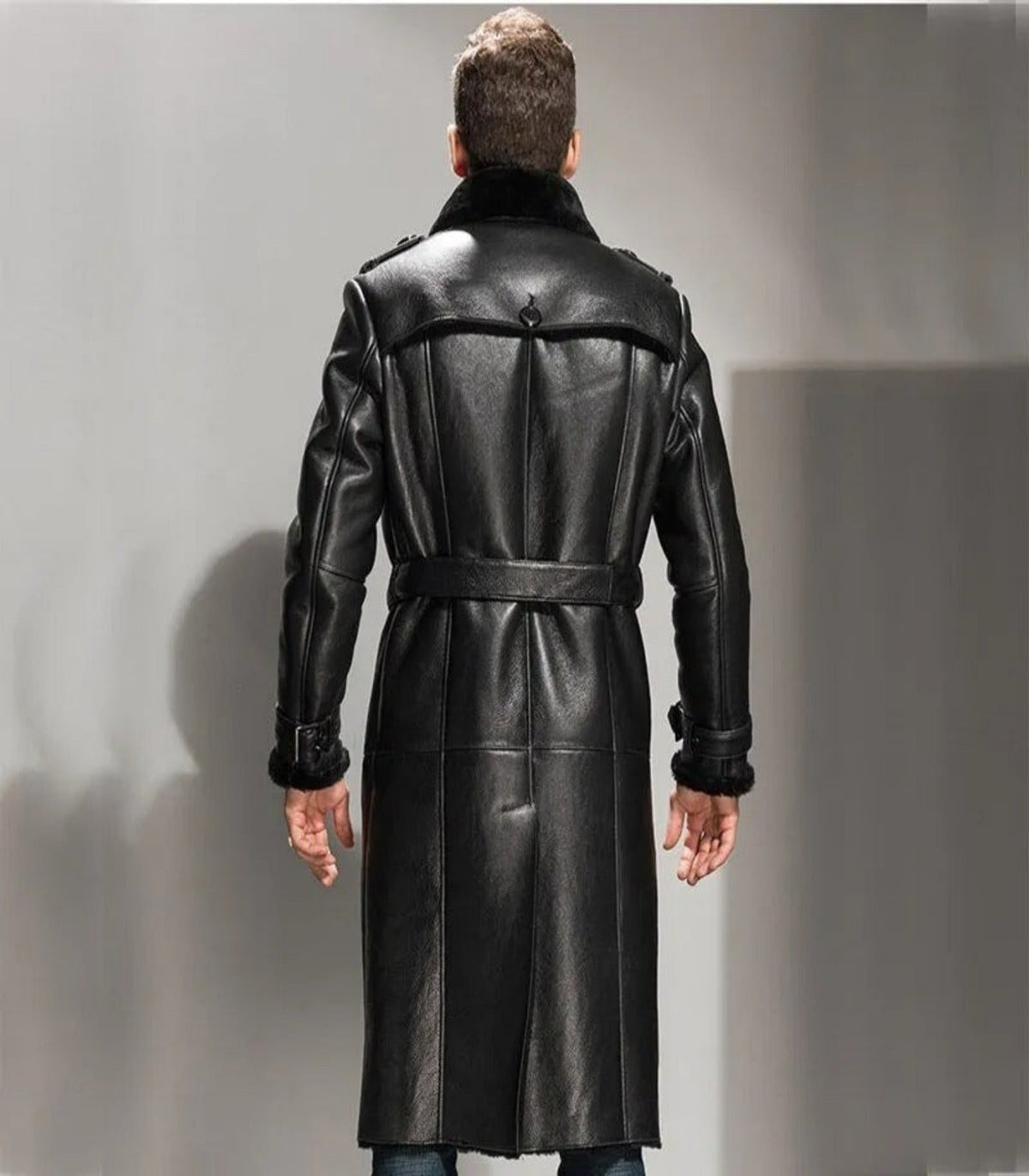 Mens Glamorous Long Black Shearling Leather Coat