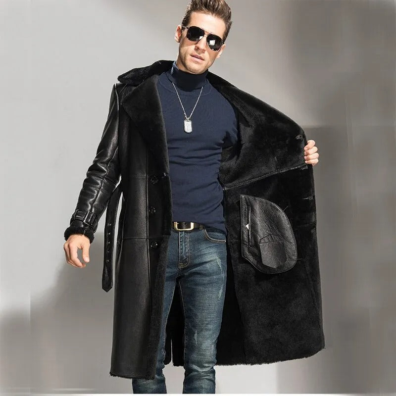 Mens Glamorous Long Black Shearling Leather Coat