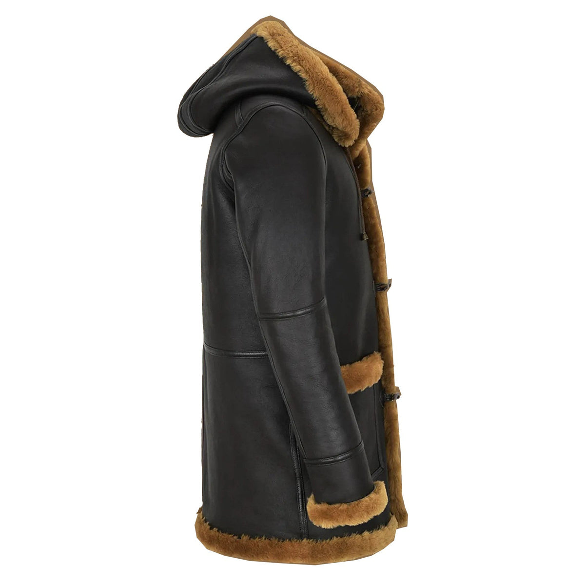 Mens Stylish Black Shearling Coat With Hood