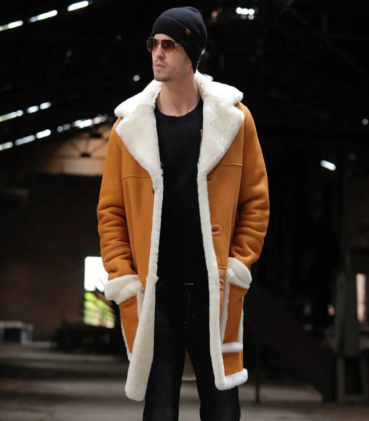 Mens Yellow Shearling Long Leather Fur Coat