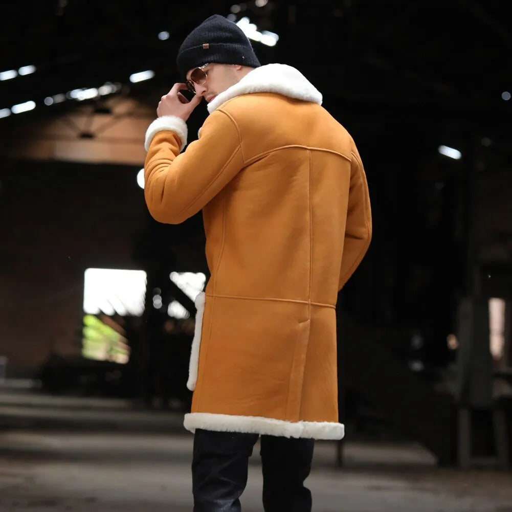 Mens Yellow Shearling Long Leather Fur Coat