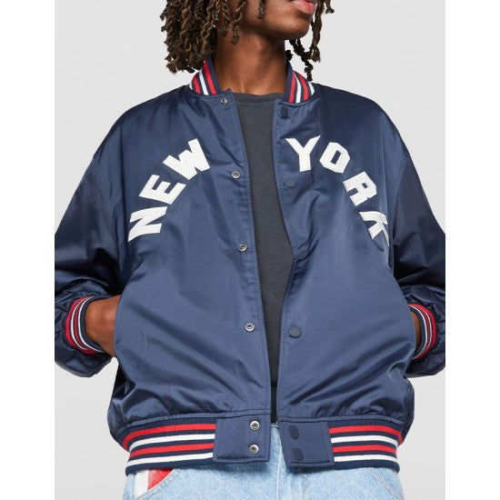 Mens Newyork Varsity Satin Navy Blue Jacket