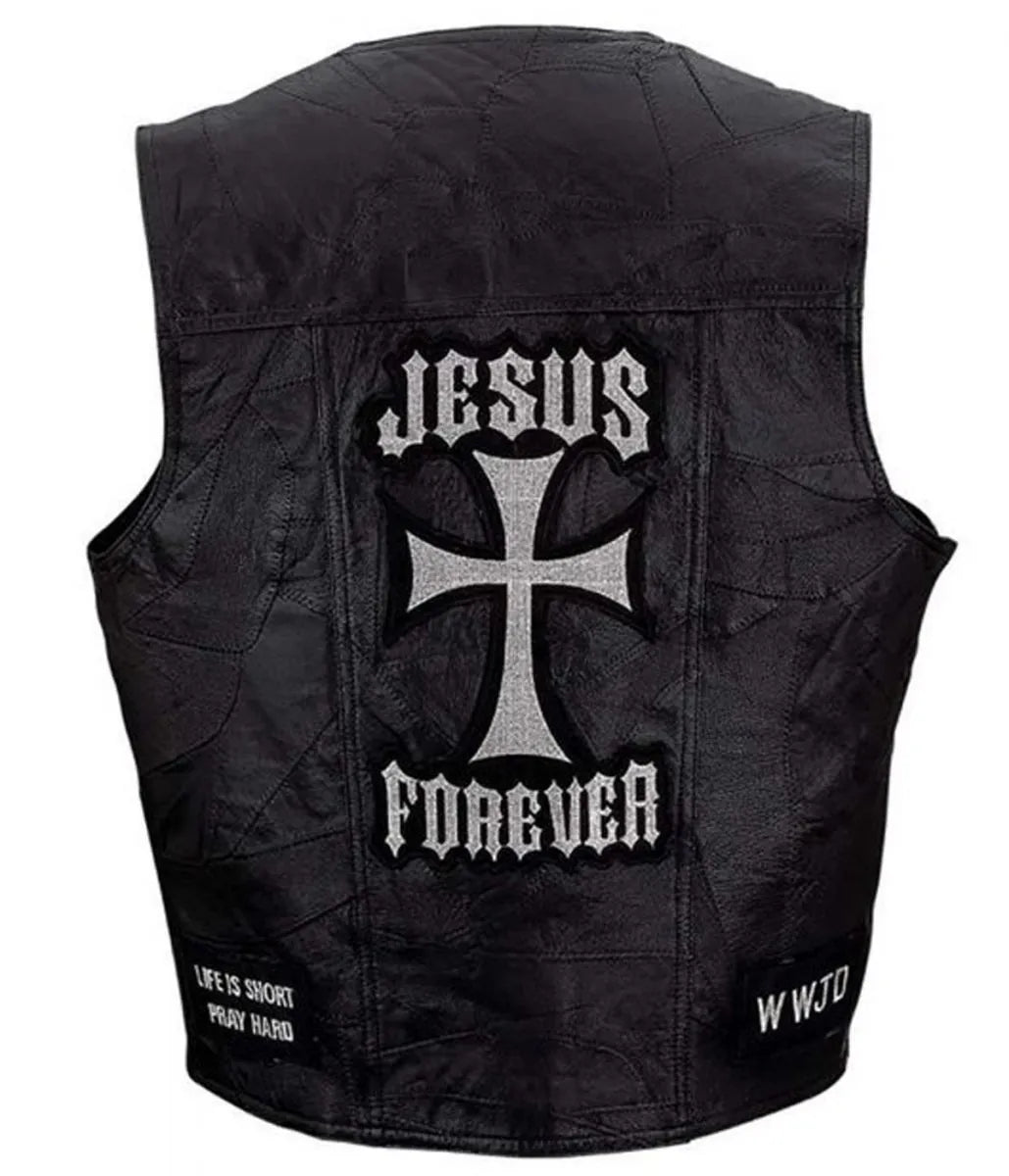 Jesus Forever Christian Motorcycle Black Leather Vest
