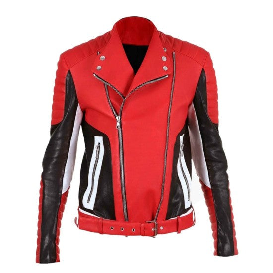 Men's Quilted Asymmetrical Belted Red Leather Biker Jacket