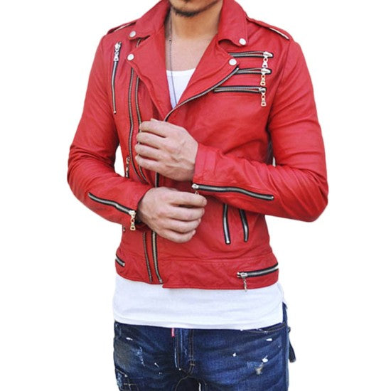 Men's Motorcycle Red Leather Biker Jacket