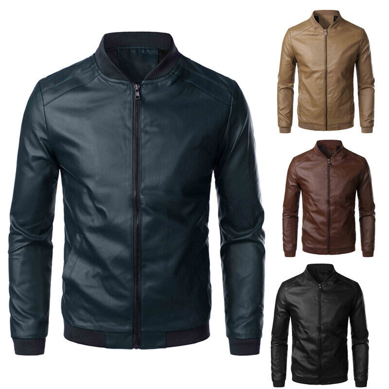 Mens Slim Fit Stand Collar Motorcycle Jacket