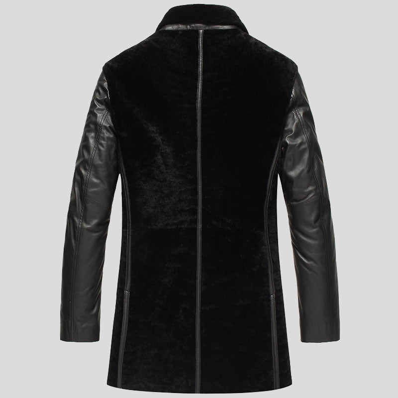 Mens Stylish Black Leather Shearling Coat