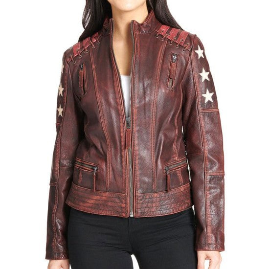 Women's Motorcycle Stars and Stripes Distressed Brown Leather Jacket