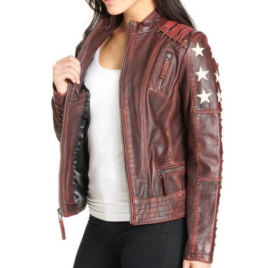 Women's Motorcycle Stars and Stripes Distressed Brown Leather Jacket