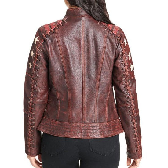 Women's Motorcycle Stars and Stripes Distressed Brown Leather Jacket