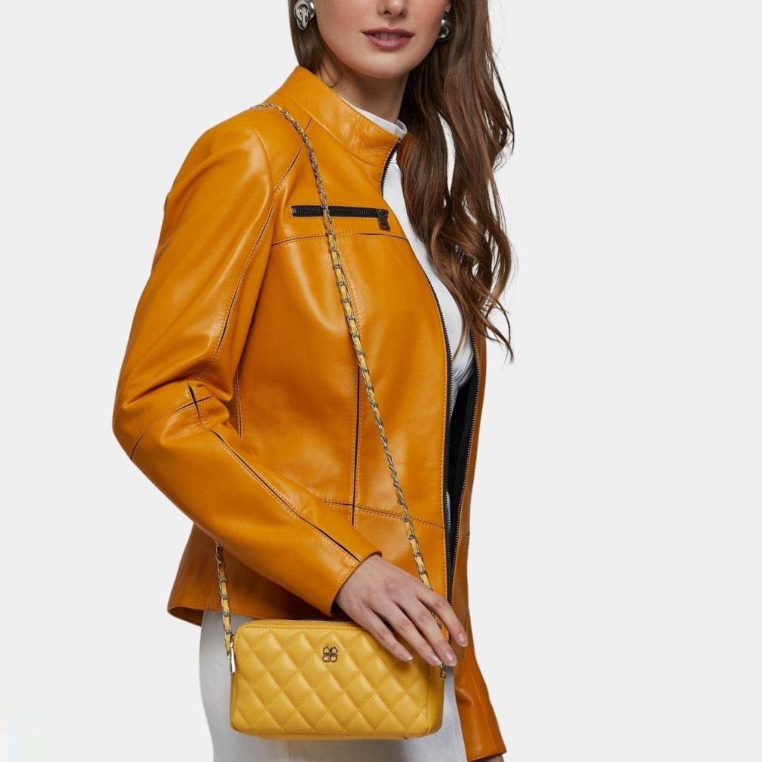 New Womens Slim Fit Yellow Leather Jacket