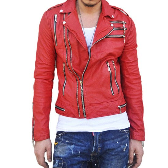 Men's Motorcycle Red Leather Biker Jacket